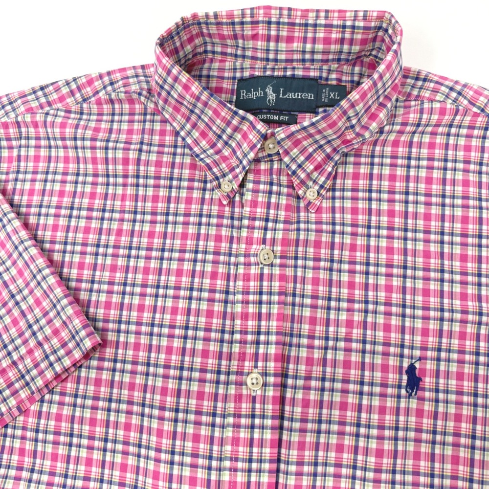 Ralph Lauren Mens XL Custom Fit Short Sleeve Plaid Button Down Shirt Pink Blue